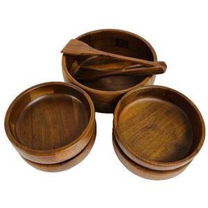 Kustom Kraft Solid Black Walnut Salad Bowl Set w/Tongs 1960s MCM USA VTG